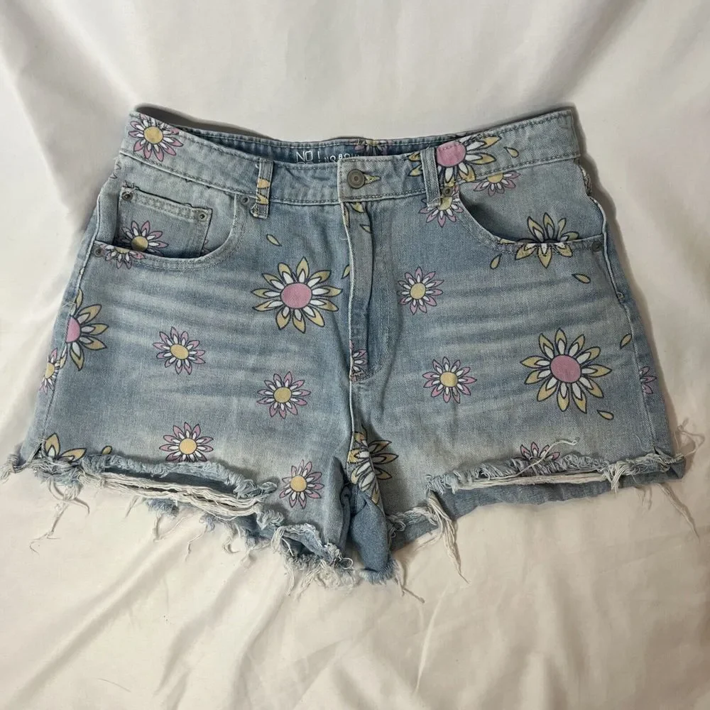 No Boundaries Juniors 13 Shorts Blue High Rise Cutoff Jeans Flower‎ Print